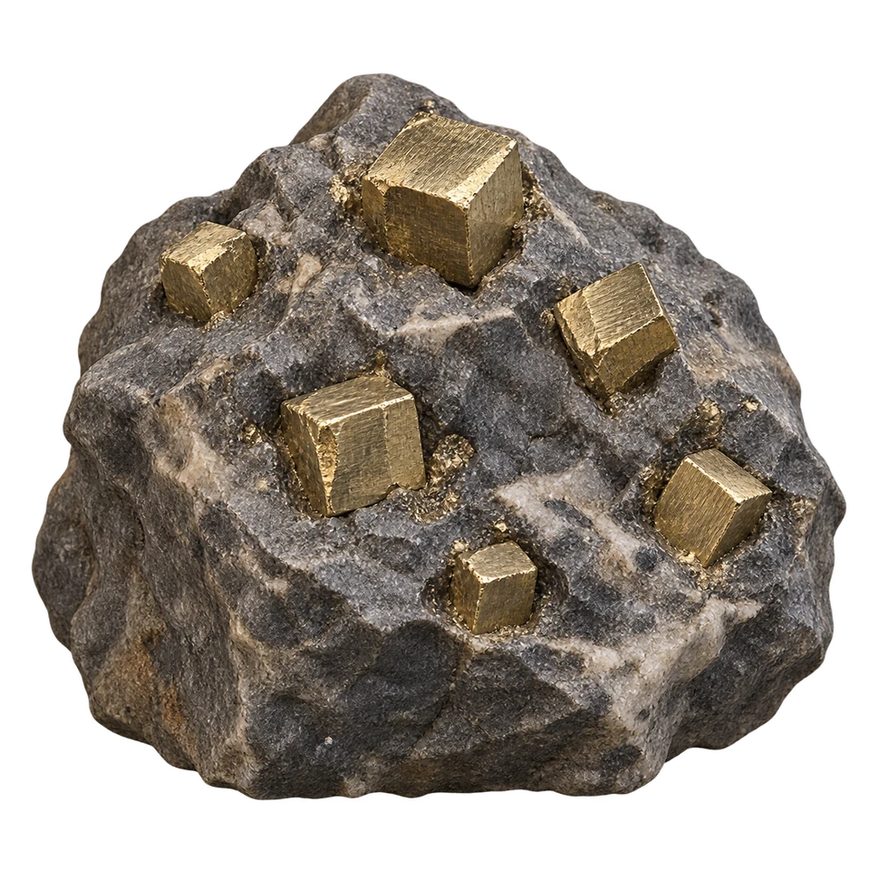 Golden pyrite crystals with flat, square faces