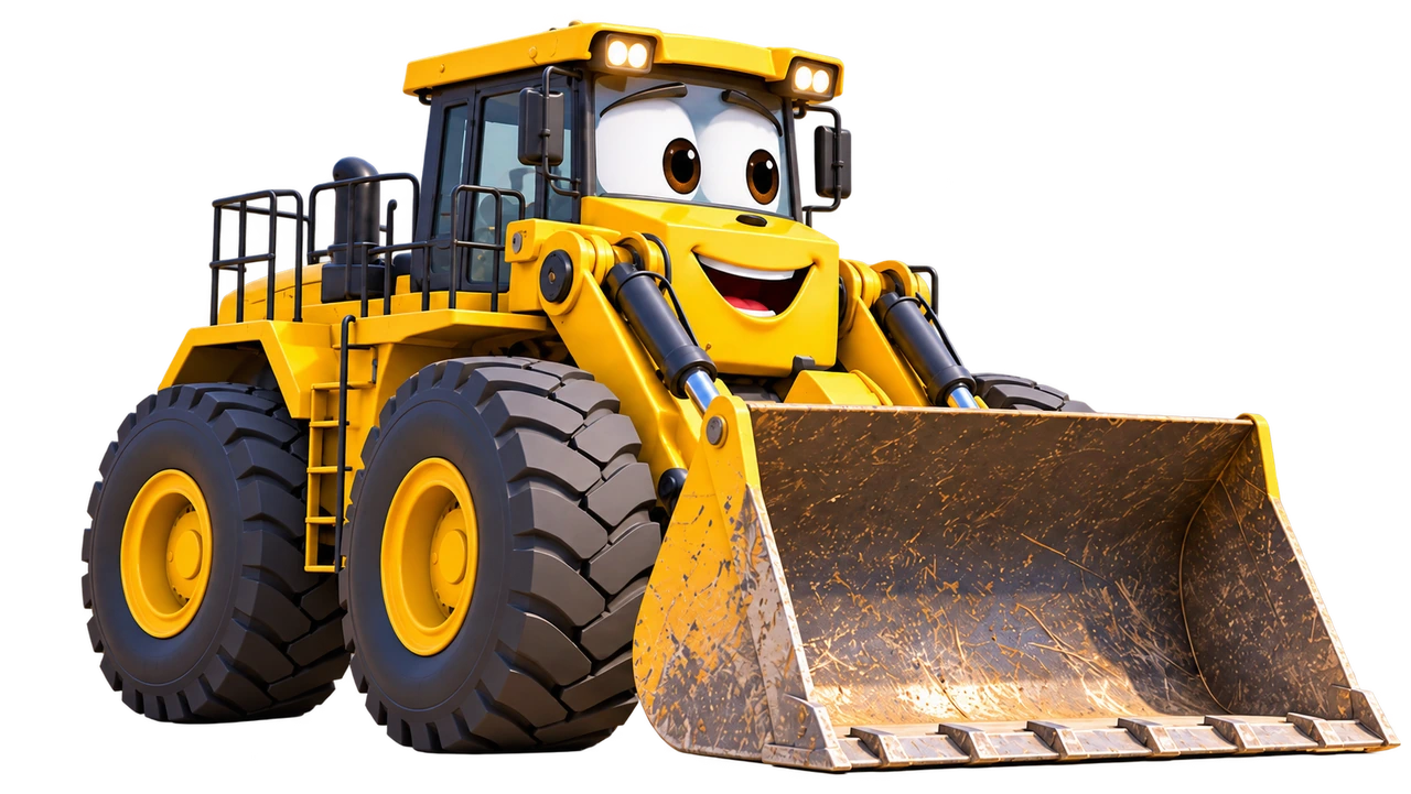 Lucy, a friendly yellow wheel loader with a big front bucket.
